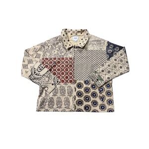 FOUND Patchwork Print Zip Collared Long Sleeve Shirt Mens XXL Beige Blue Red